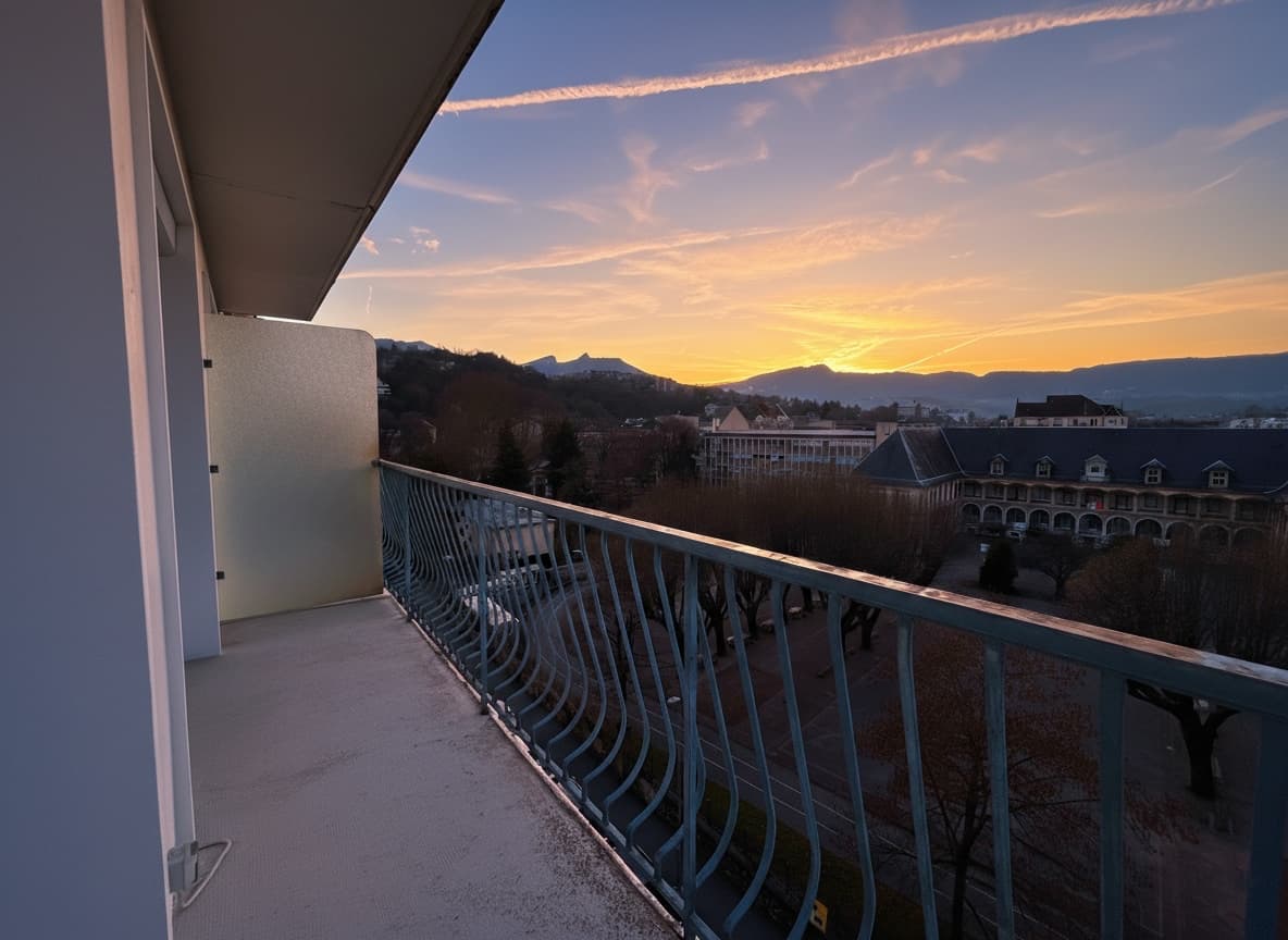 Vue depuis un appartement Hostra sur les toits de Chambéry au coucher du soleil